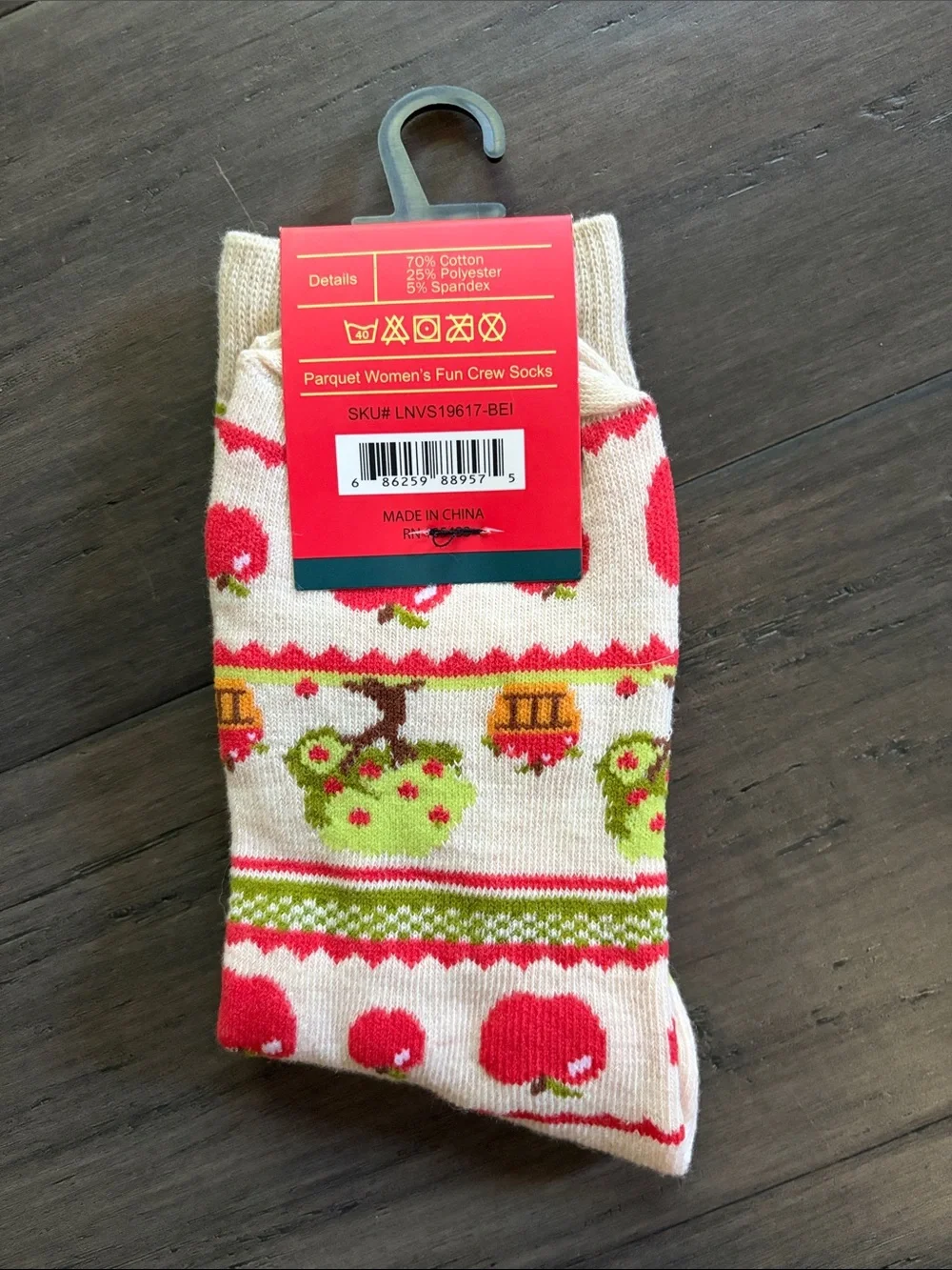 NWT | Parquet Women's Cream Crew Socks with Red Apple Pattern